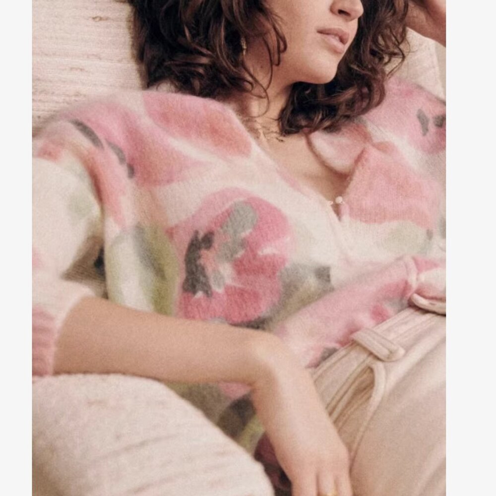 Sezane Lisette Cardigan Medium Pink Cream Floral Kid Mohair Sweater Knit French - Picture 2 of 15